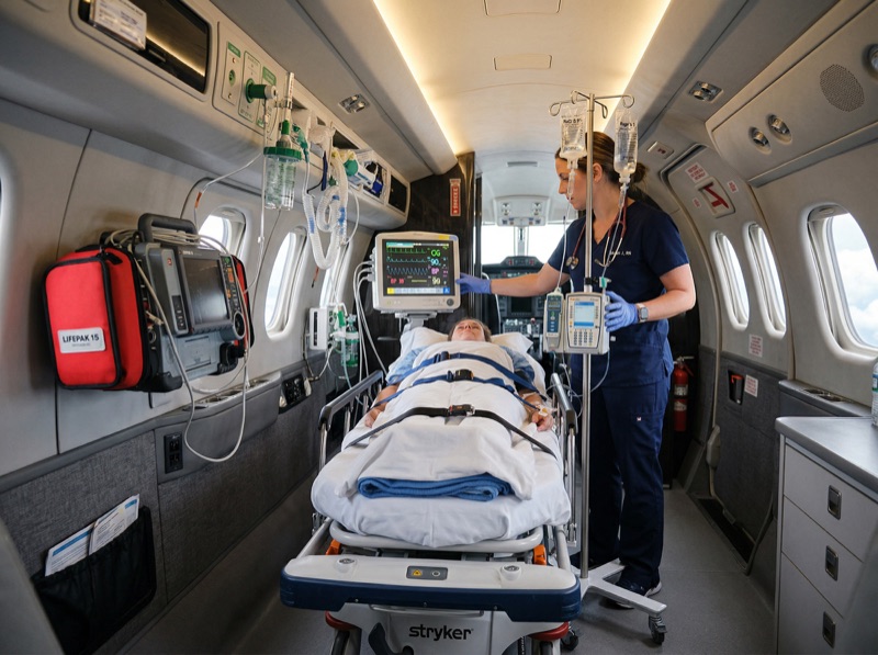 ICU-equipped air ambulance interior with medical monitoring equipment