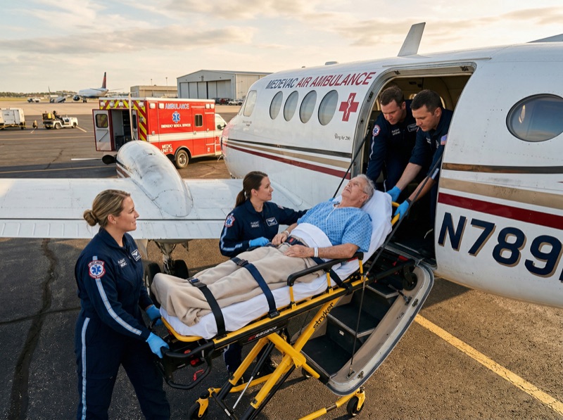 Medical team loading patient into air ambulance